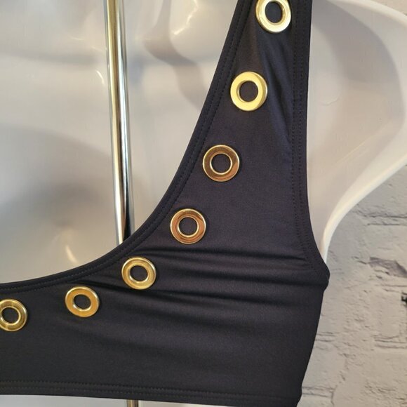 Michael Kors Grommet One-Shoulder Bikini Top & Hipster Bikini Bottoms- Navy - Picture 5 of 7